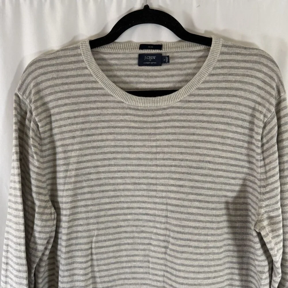 J Crew Harbor Cotton Sweater Men's Large Slim Fit Grey White Striped Crewneck
